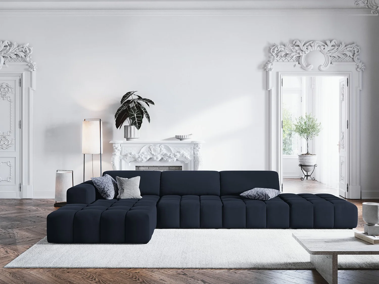 CXL by Christian Lacroix - 5-Sitzer Ecksofa links "Luc" Sitzer aus Samt dunkelblau - 341x166x70cm