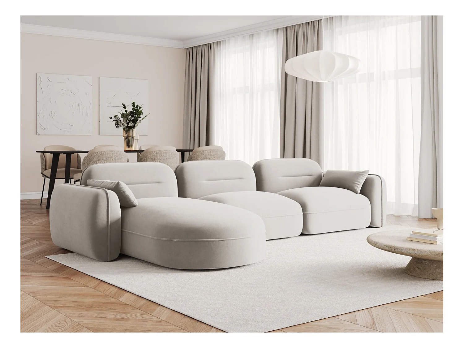 Cosmopolitan Design - Canapé d'angle gauche modulable "Sydney" 4 places en velours beige clair - 320x165x70cm
