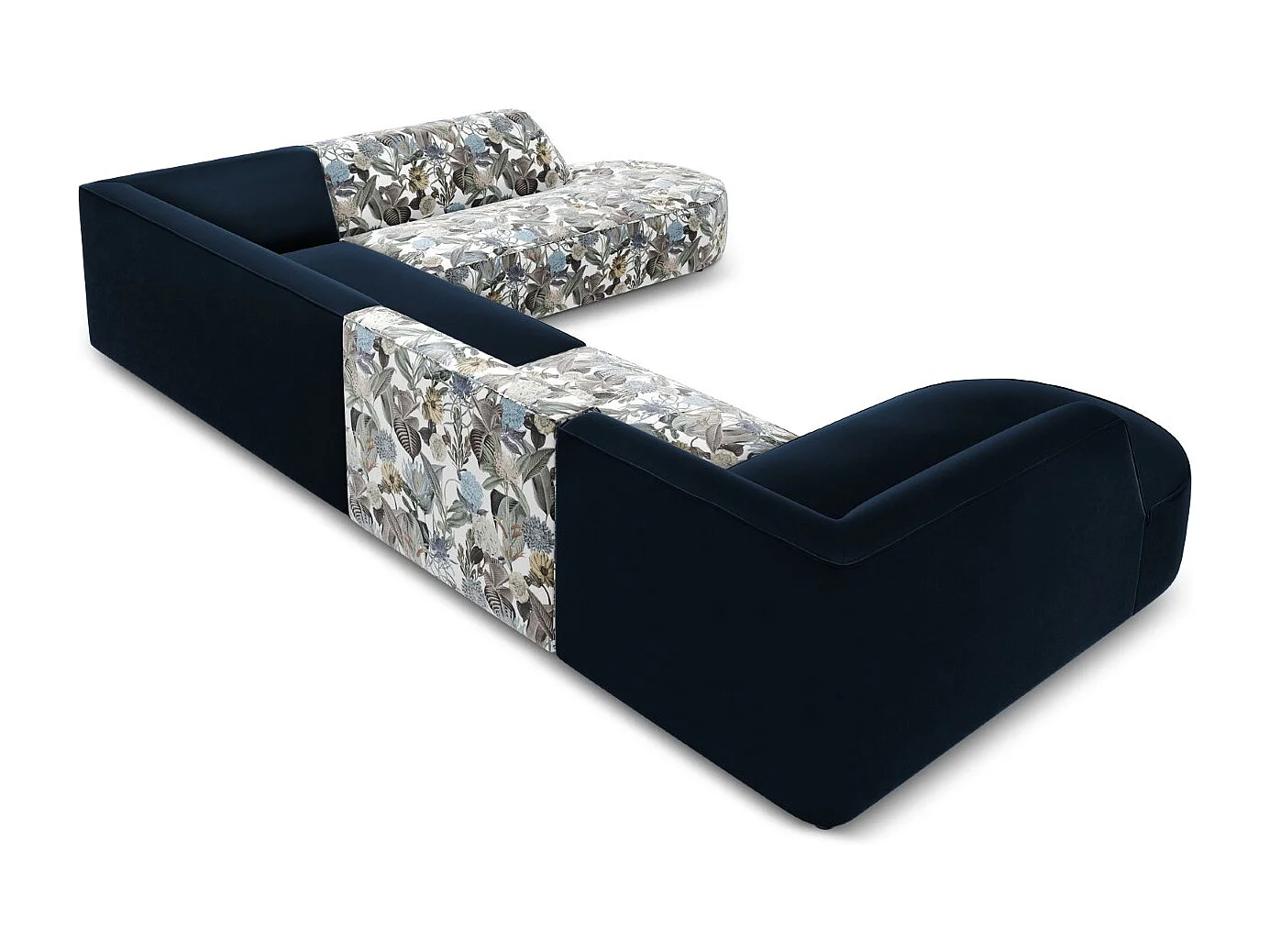 CXL by Christian Lacroix - Canapé d'angle droit panoramique "Charles" 7 places en velours motif de jardin bleu clair,bleu foncé - 366x273x69cm