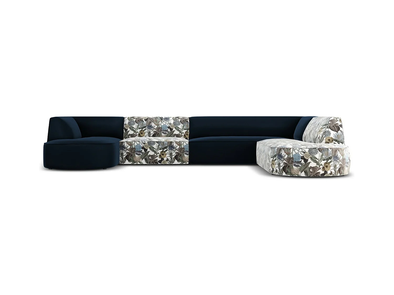 CXL by Christian Lacroix - Canapé d'angle droit panoramique "Charles" 7 places en velours motif de jardin bleu clair,bleu foncé - 366x273x69cm