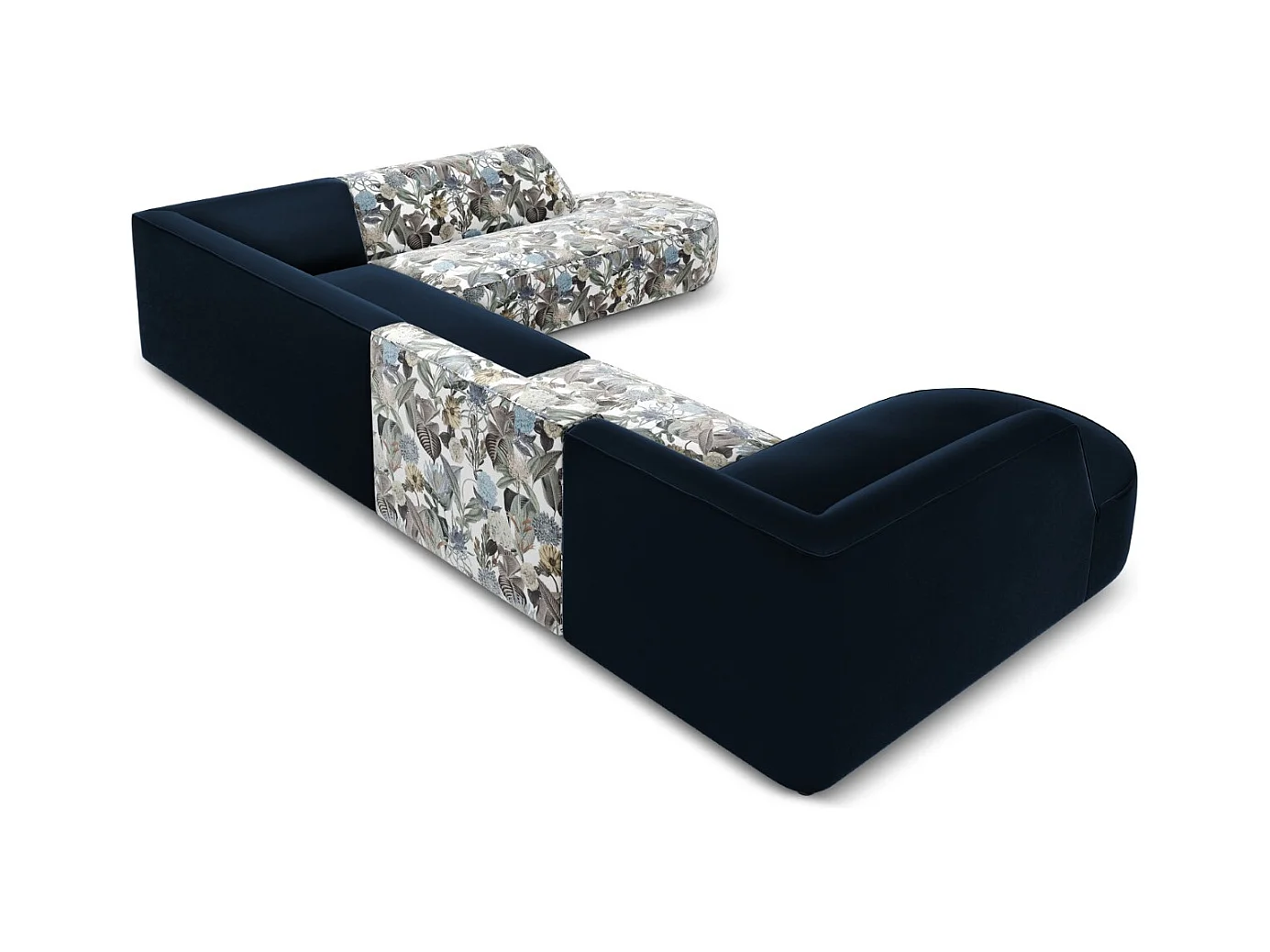 CXL by Christian Lacroix - Panoramische hoekbank rechts "Charles" 7 zitplaatsen, Flueel, lichtblauw, donkerblauw tuinpatroon - 366x273x69cm