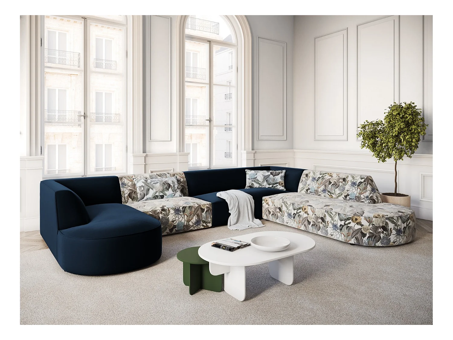 CXL by Christian Lacroix - Panoramische hoekbank rechts "Charles" 7 zitplaatsen, Flueel, lichtblauw, donkerblauw tuinpatroon - 366x273x69cm