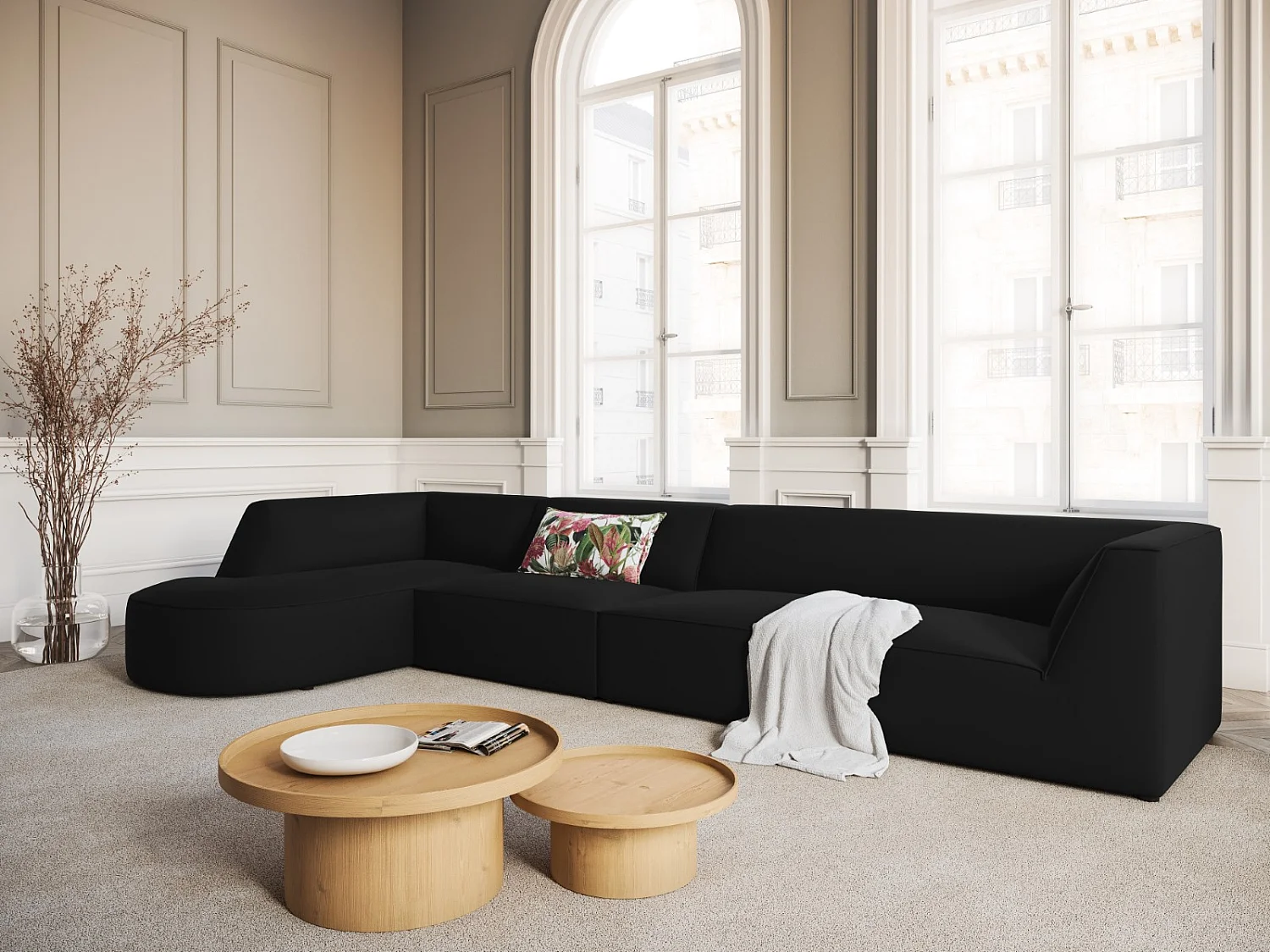 CXL by Christian Lacroix - Linker hoekbank "Charles" 5 zitplaatsen, Flueel, Zwart - 366x180x69cm