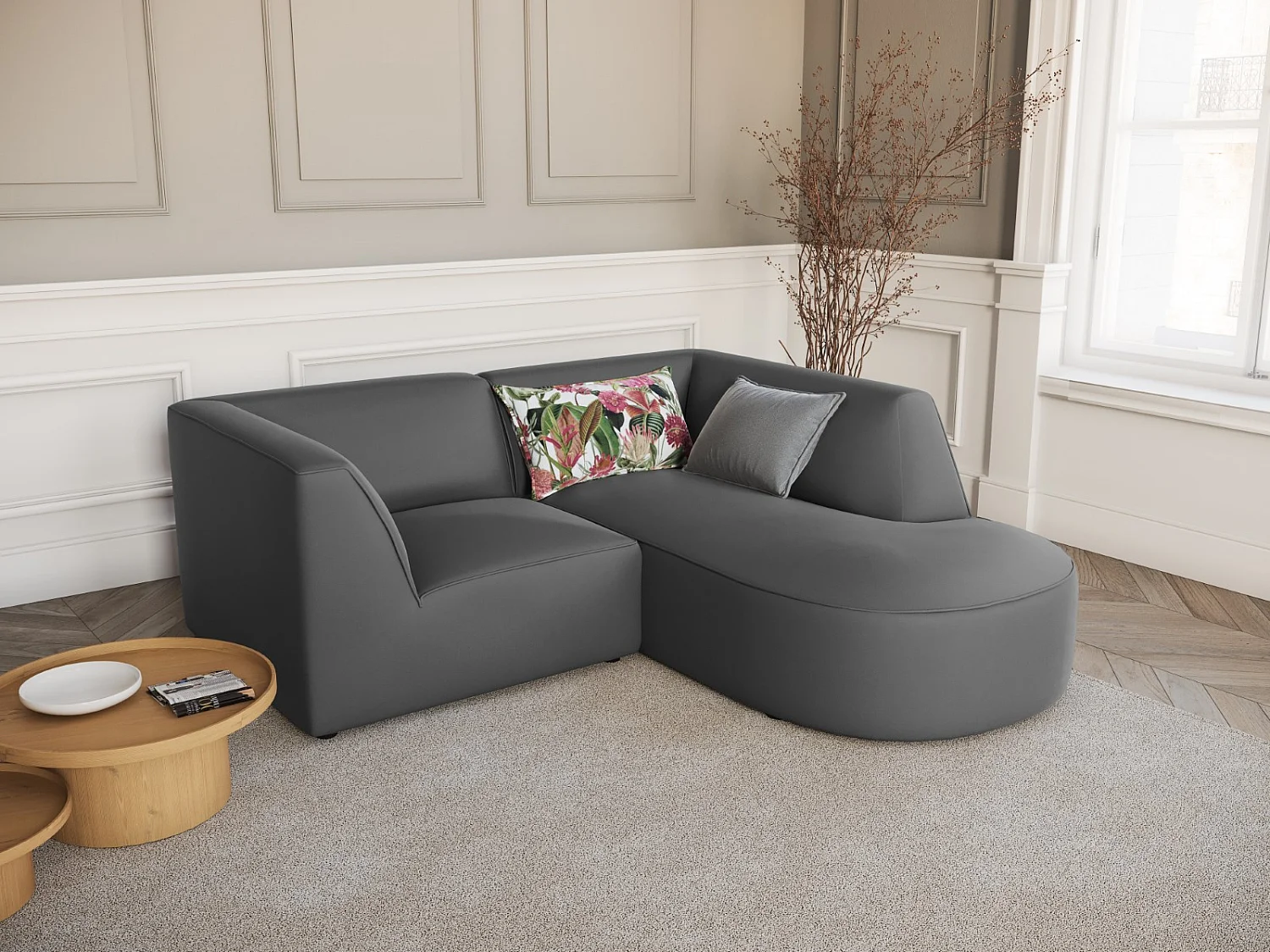 CXL by Christian Lacroix - Rechter hoekbank "Charles" 3 zitplaatsen, Flueel, Donkergrijs - 186x180x69cm