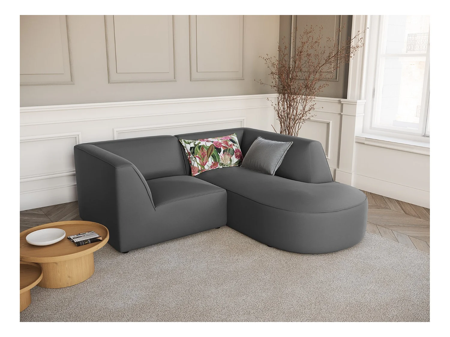 CXL by Christian Lacroix - Canapé d'angle droit "Charles" 3 places en velours gris foncé - 186x180x69cm