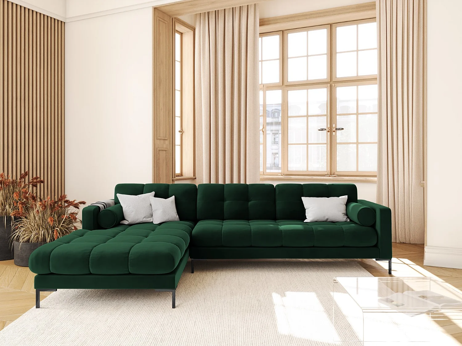 Cosmopolitan Design - Sofá de canto esquerdo "Bali" 5 lugares em veludo verde garrafa - 293x185x75cm