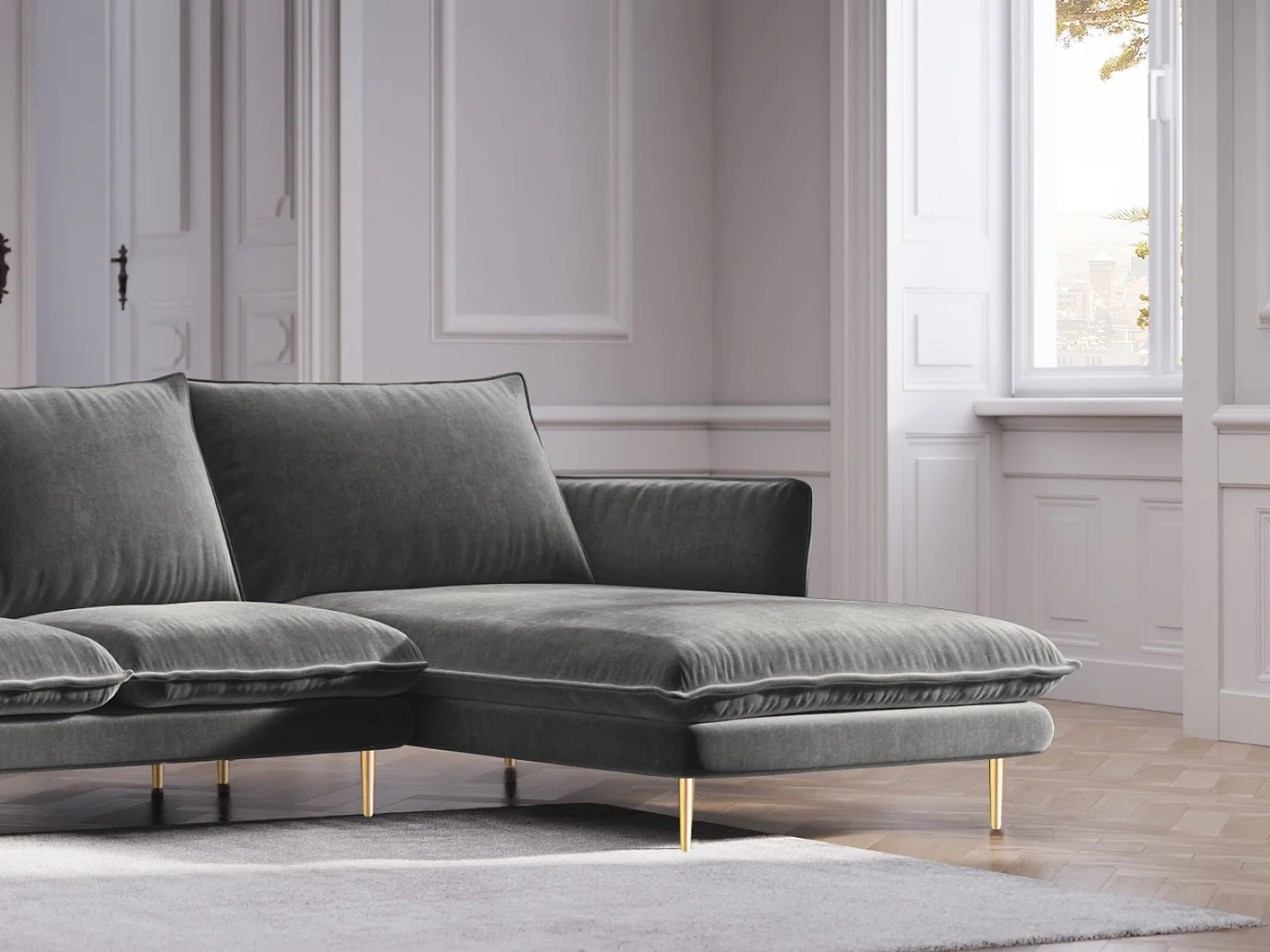 Cosmopolitan Design - Canapé d'angle droit "Vienna" 5 places en velours gris - 255x170x95cm