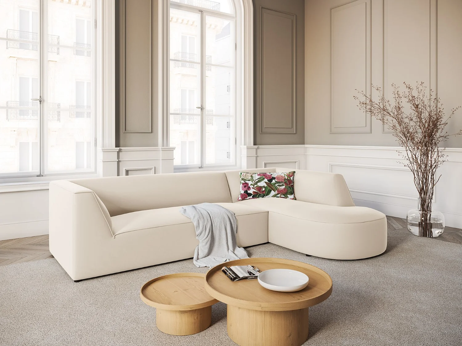 CXL by Christian Lacroix - Canapé d'angle droit "Charles" 4 places en velours beige - 273x180x69cm