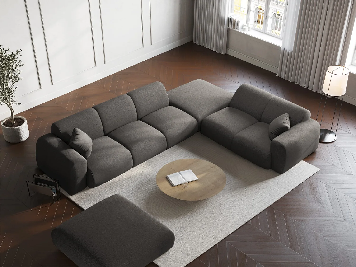 Cosmopolitan Design - Canapé d'angle droit "Nolio" 4 places en chenille gris - 315x250x72cm
