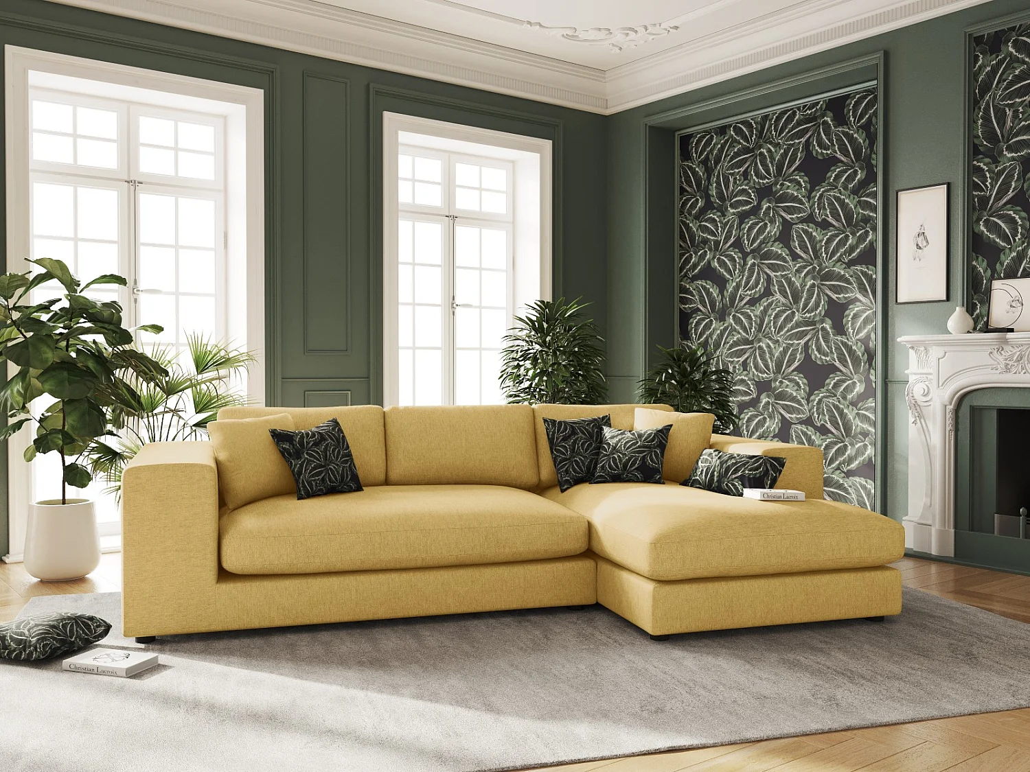 CXL by Christian Lacroix - Canapé d'angle droit "Tendance" 5 places en tissu structurel jaune - 282x174x72cm