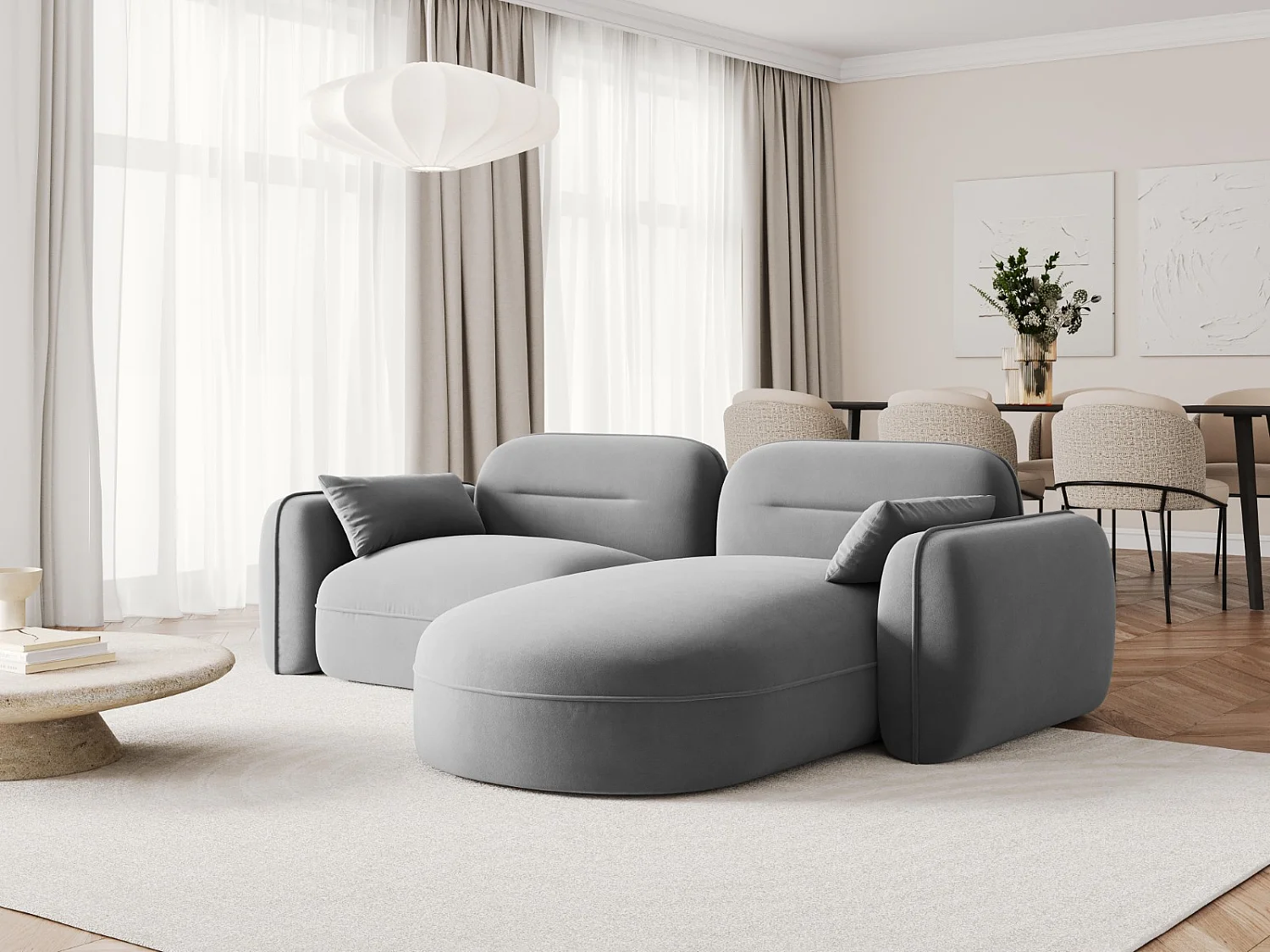 Cosmopolitan Design - 3-Sitzer modulares Ecksofa rechts "Sydney" aus Samt hellgrau - 230x165x70cm