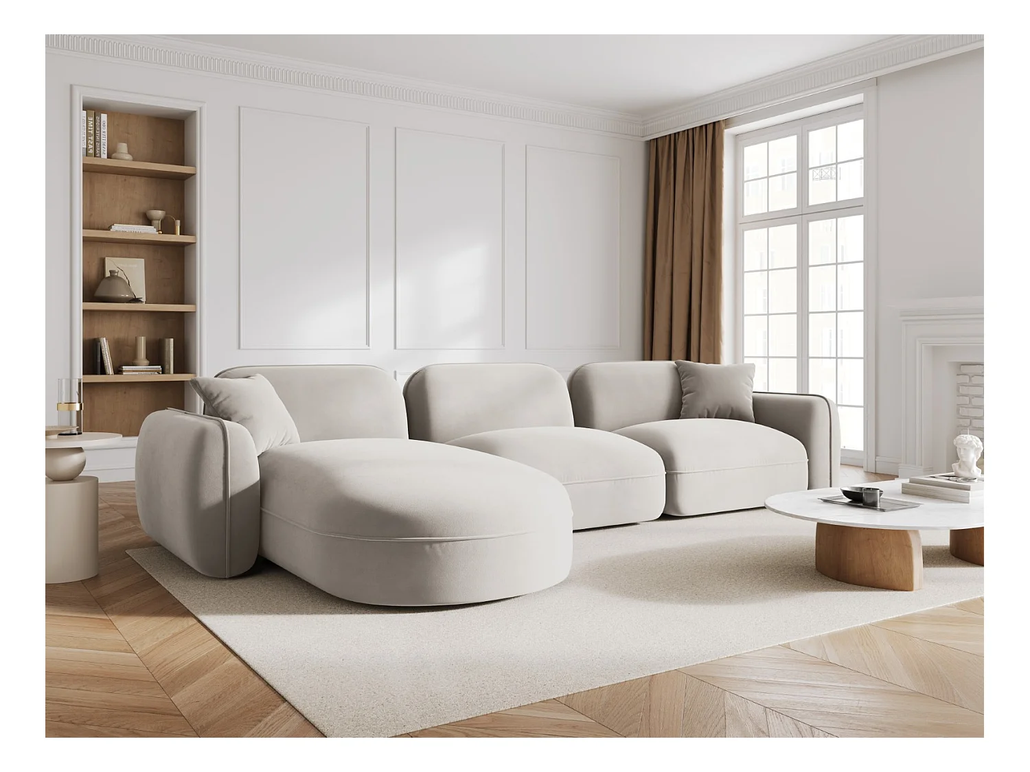 CXL by Christian Lacroix - Canapé d'angle gauche modulable "Lucien" 4 places en velours beige clair - 320x165x70cm