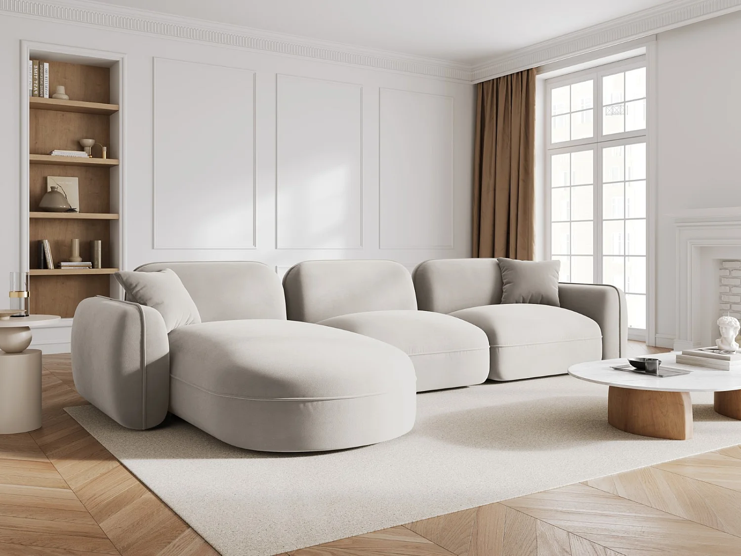 CXL by Christian Lacroix - Canapé d'angle gauche modulable "Lucien" 4 places en velours beige clair - 320x165x70cm