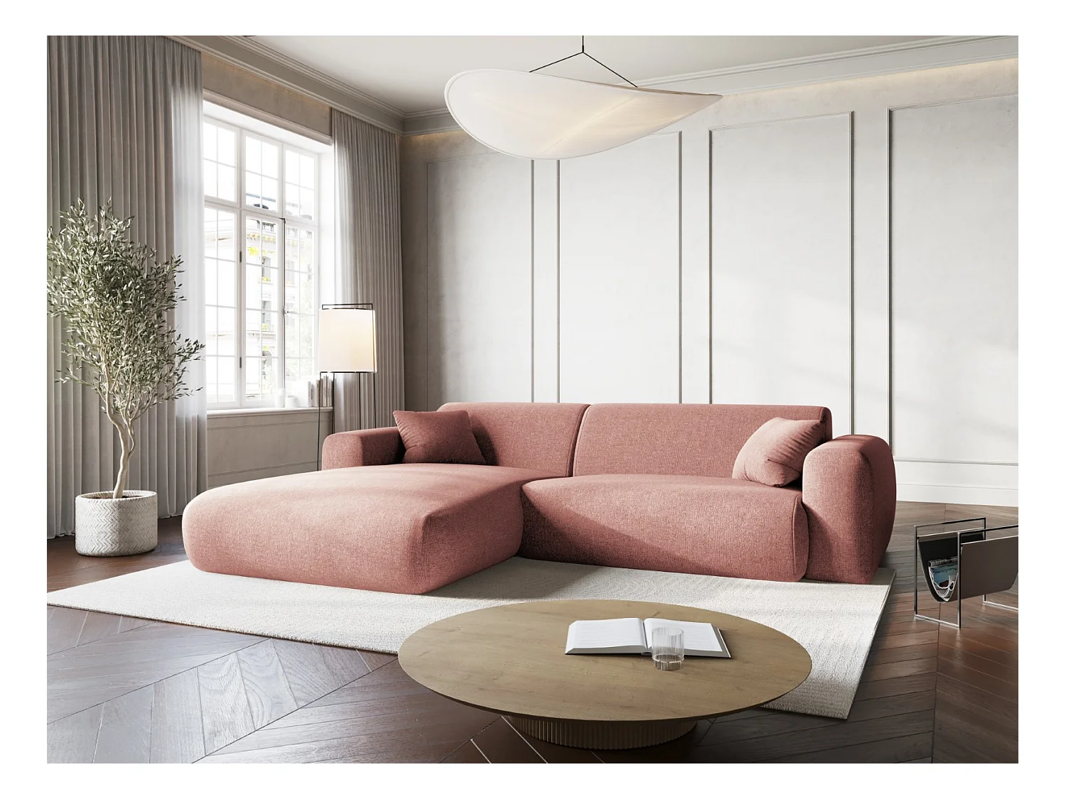Cosmopolitan Design - 4-Sitzer Ecksofa links "Nolio" aus Chenille-Stoff rosa - 235x170x72cm