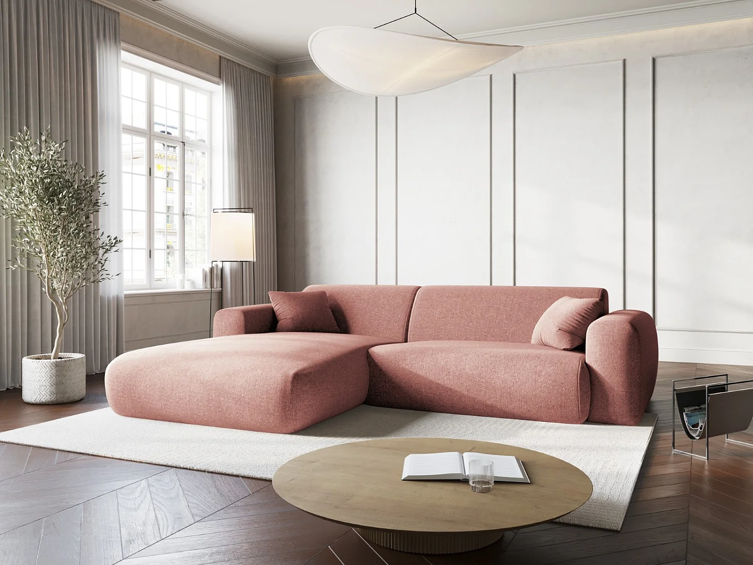 Cosmopolitan Design - Canapé d'angle gauche "Nolio" 4 places en chenille rose - 235x170x72cm