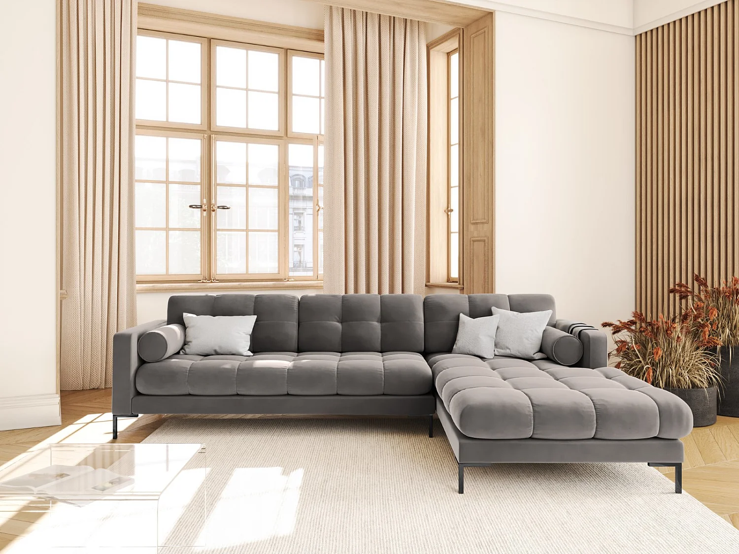 Cosmopolitan Design - Sofá de canto direito "Bali" 5 lugares em veludo cinza claro - 293x185x75cm