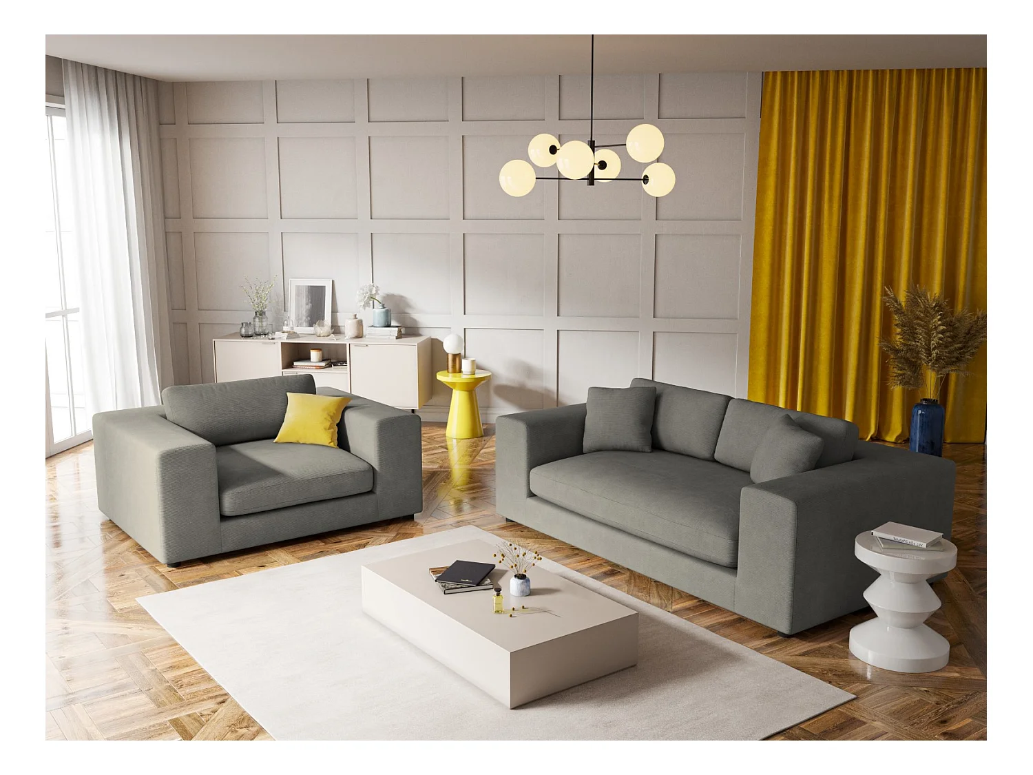 CXL by Christian Lacroix - Canapé "Tendance" 1,5 place en velours côtelé gris clair - 156x122x72cm