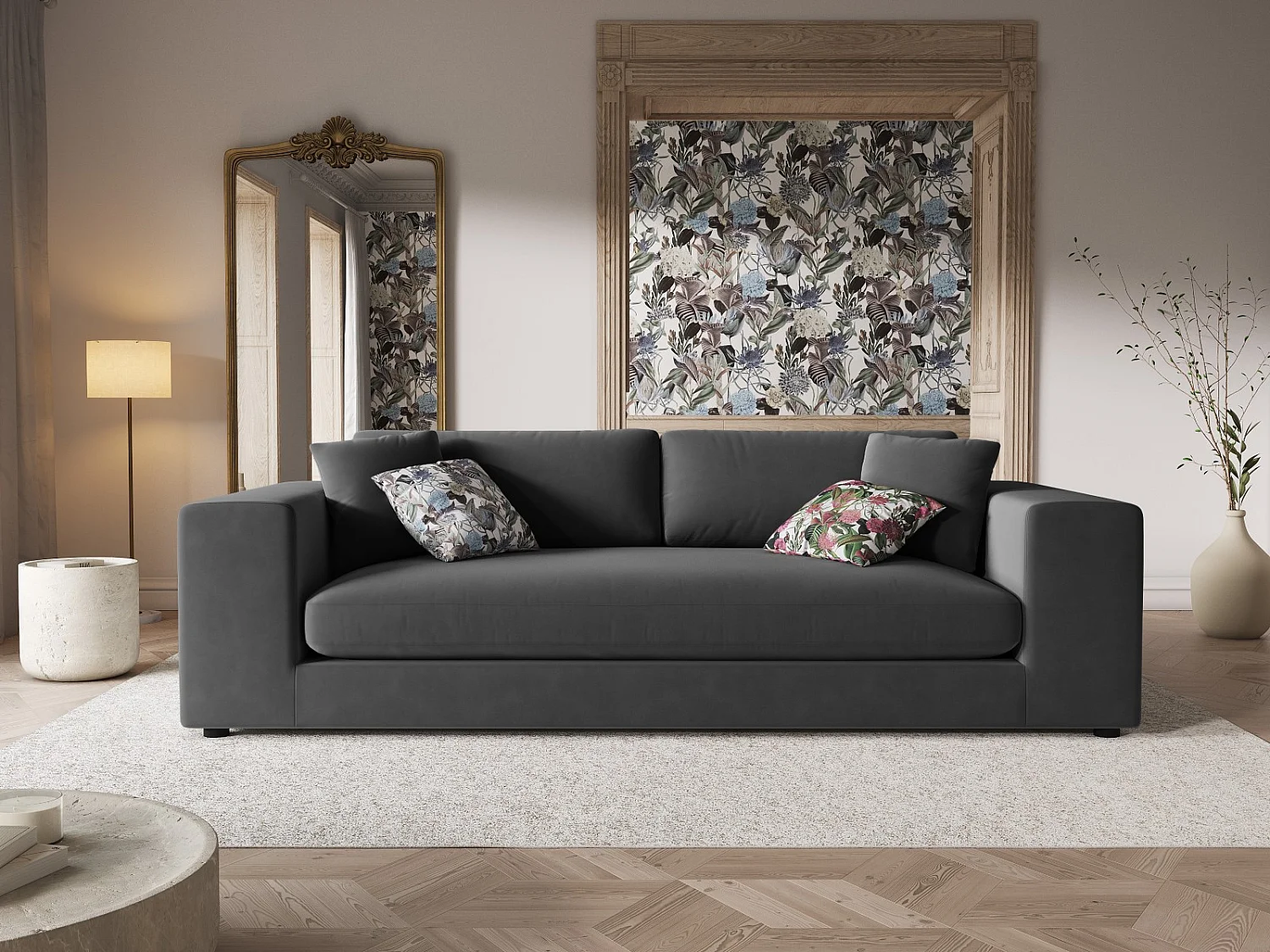 CXL by Christian Lacroix - Sofá "Tendance" 4 lugares em veludo cinza - 262x122x72cm