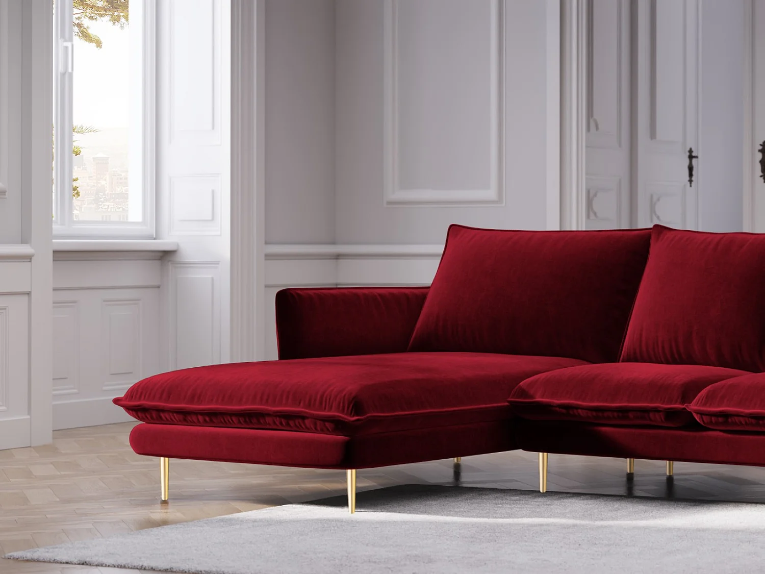 Cosmopolitan Design - Canapé d'angle gauche "Vienna" 5 places en velours rouge - 255x170x95cm