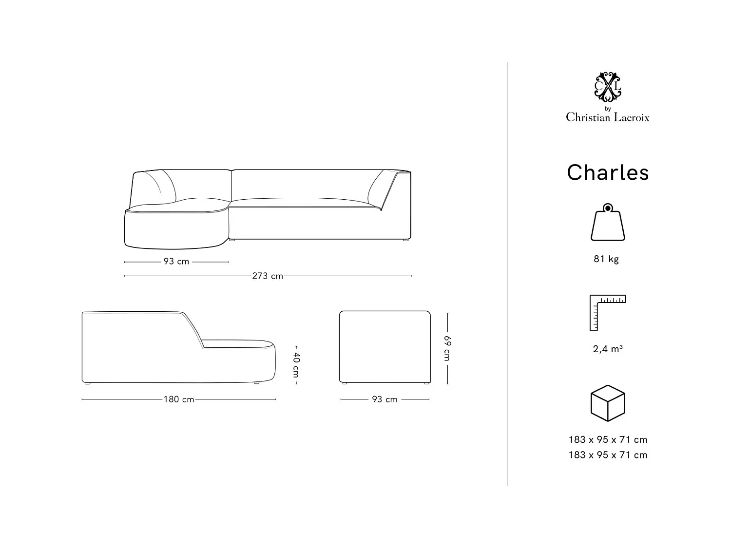 CXL by Christian Lacroix - Linker hoekbank "Charles" 4 zitplaatsen, Flueel, Roze - 273x180x69cm