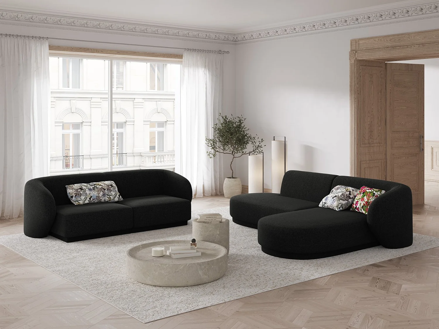 CXL by Christian Lacroix - 4-Sitzer modulares Ecksofa rechts "Lionel" Sitzer aus Chenille-Stoff mischung schwarz - 233x155x74cm