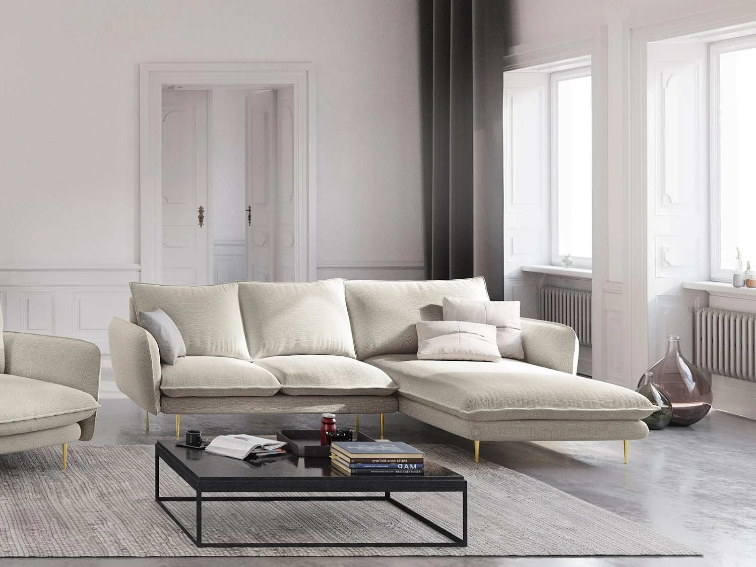 Cosmopolitan Design - 5-Sitzer Ecksofa rechts "Vienna" aus strukturiertem Stoff leichtes beige - 255x170x95cm