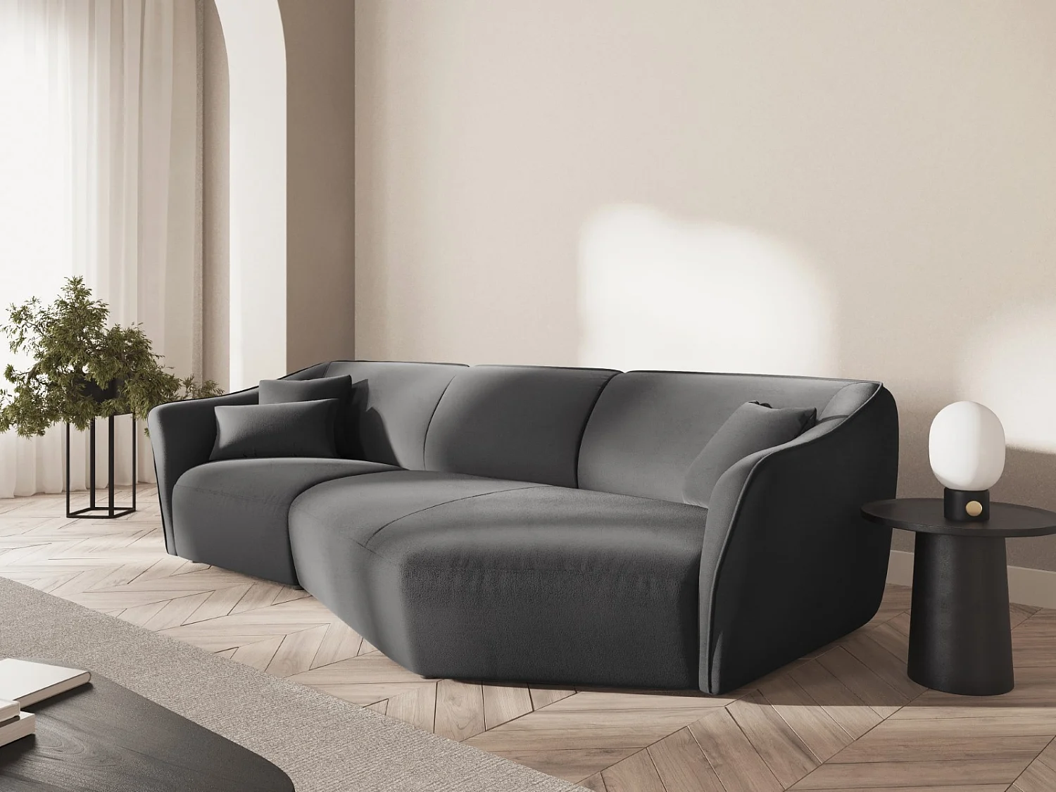 Cosmopolitan Design - Modulaire hoekbank rechts "Tokyo" 5 zitplaatsen, Flueel, Donkergrijs - 292x138x79cm