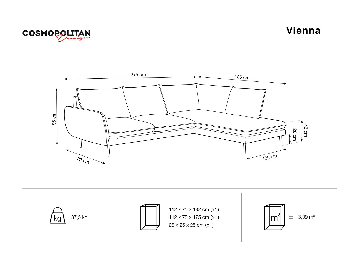 Cosmopolitan Design - Narożnik prawy, "Vienna" 6 miejsc welur, beż - 275x185x95cm
