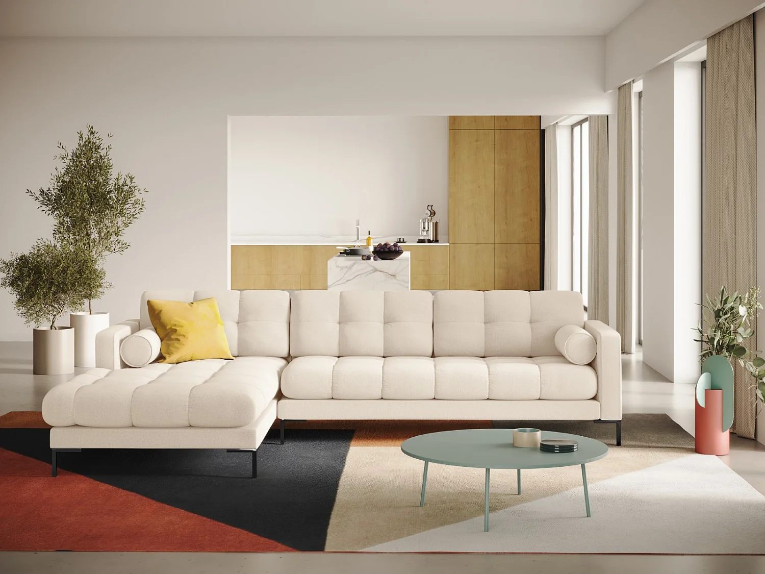 Cosmopolitan Design - 5-Sitzer Ecksofa links "Bali" aus strukturiertem Stoff leichtes beige - 293x185x75cm