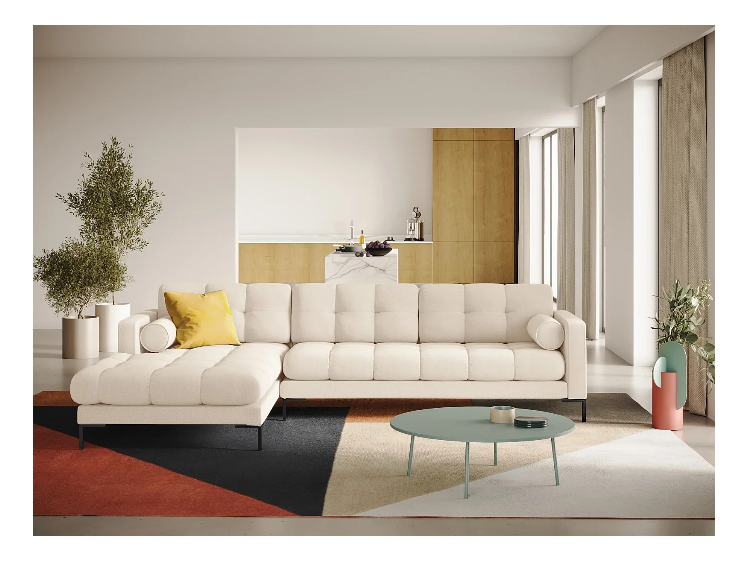 Cosmopolitan Design - Canapé d'angle gauche "Bali" 5 places en tissu structurel beige clair - 293x185x75cm