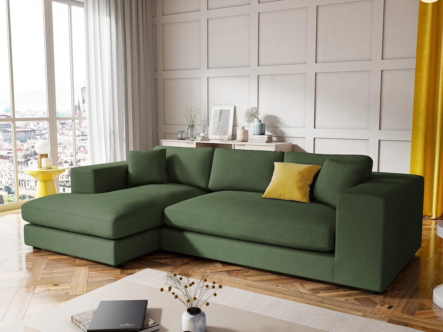 CXL by Christian Lacroix - 5-Sitzer Ecksofa links "Tendance" Sitzer aus Cord grün - 282x174x72cm