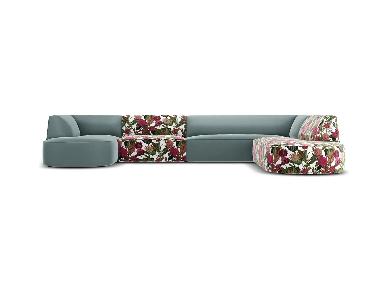 CXL by Christian Lacroix - Canapé d'angle droit panoramique "Charles" 7 places en velours motif de rose de jardin,menthe - 366x273x69cm