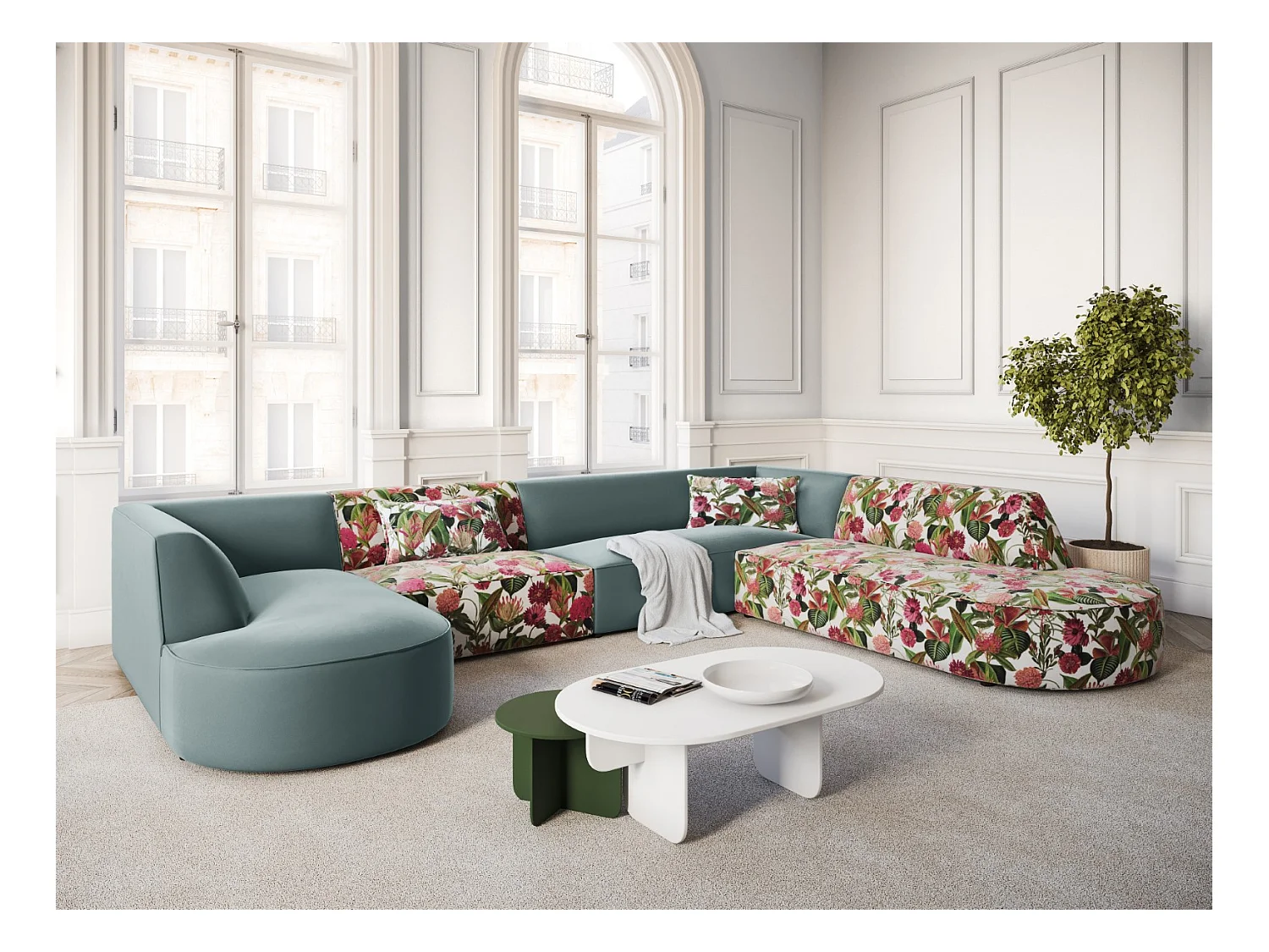 CXL by Christian Lacroix - Panoramische hoekbank rechts "Charles" 7 zitplaatsen, Flueel, tuinrozenpatroon, mint - 366x273x69cm