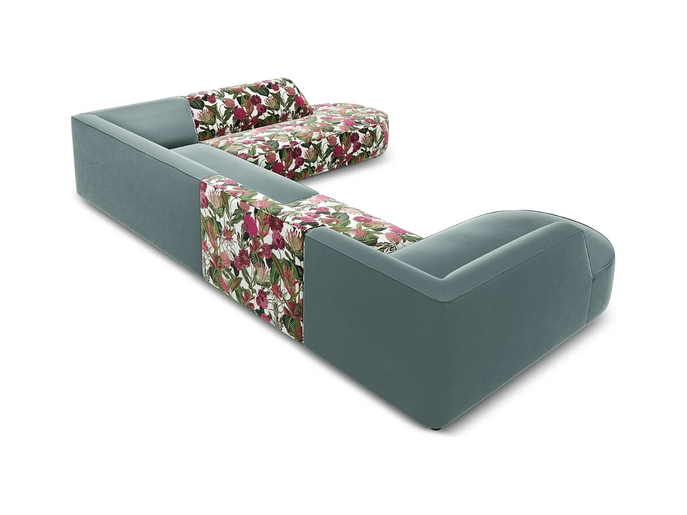 CXL by Christian Lacroix - Panoramische hoekbank rechts "Charles" 7 zitplaatsen, Flueel, tuinrozenpatroon, mint - 366x273x69cm