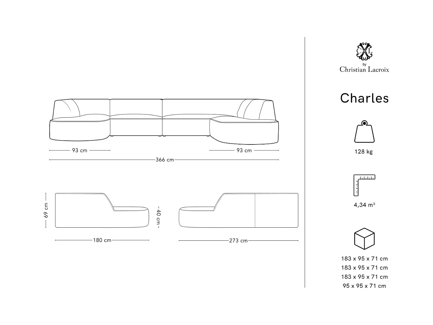 CXL by Christian Lacroix - Canapé d'angle droit panoramique "Charles" 7 places en velours motif de rose de jardin,menthe - 366x273x69cm