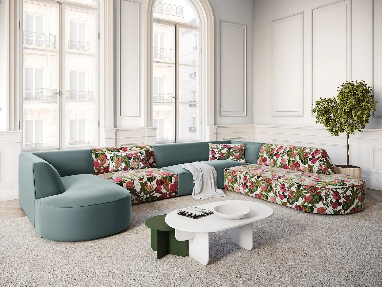 CXL by Christian Lacroix - Panoramische hoekbank rechts "Charles" 7 zitplaatsen, Flueel, tuinrozenpatroon, mint - 366x273x69cm