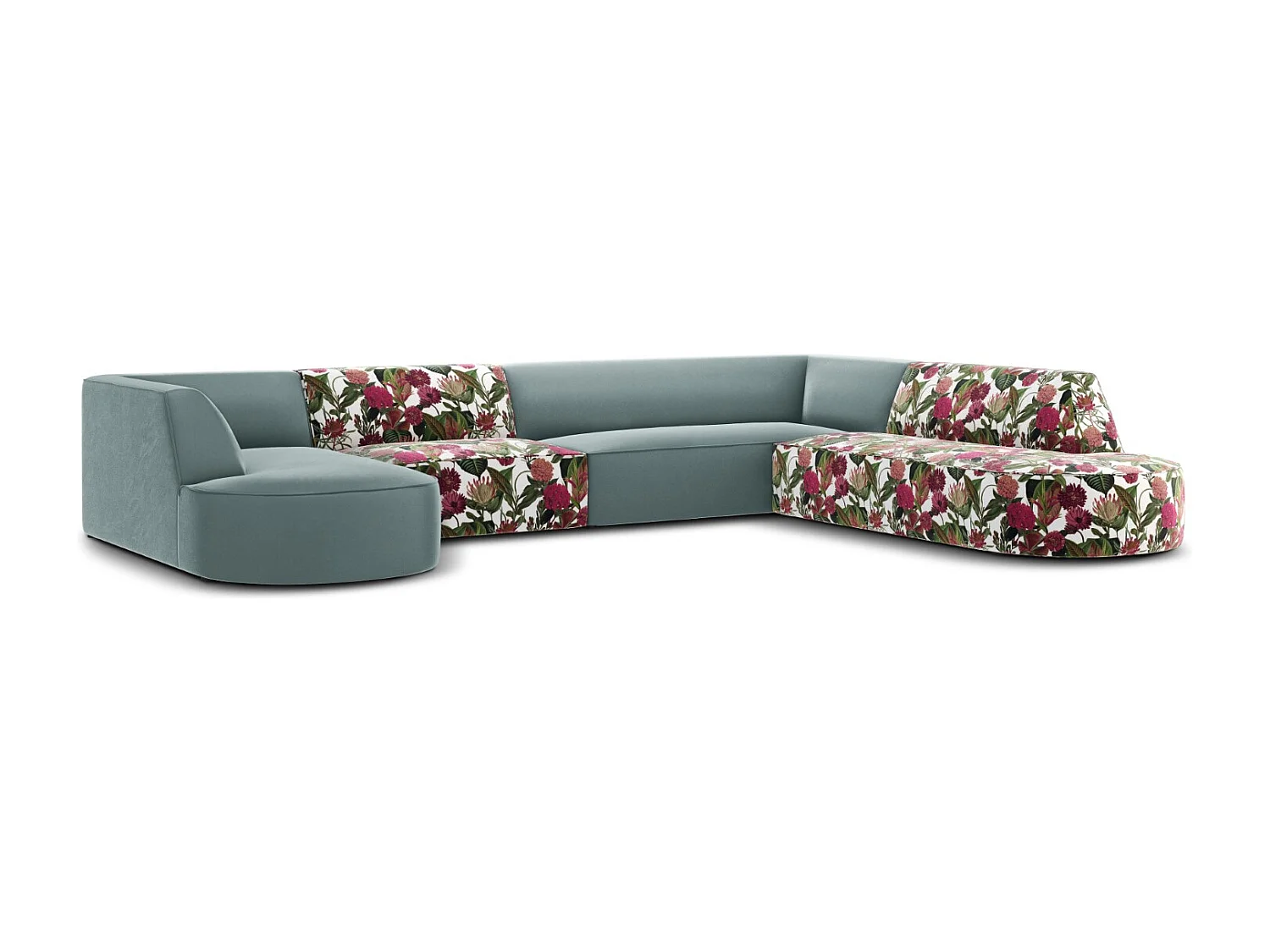 CXL by Christian Lacroix - Panoramische hoekbank rechts "Charles" 7 zitplaatsen, Flueel, tuinrozenpatroon, mint - 366x273x69cm