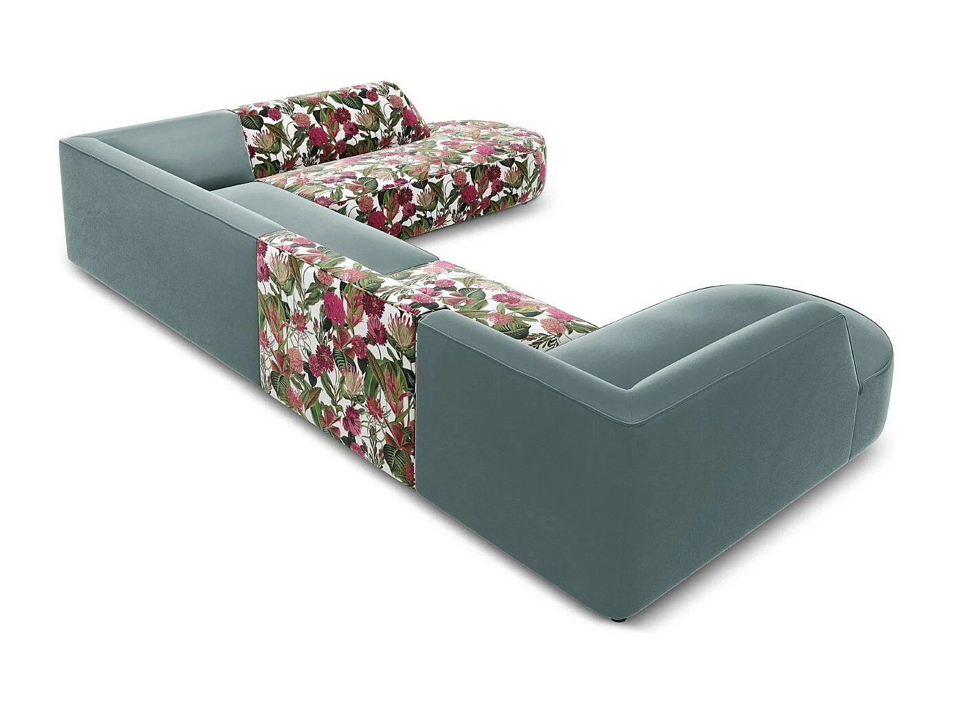 CXL by Christian Lacroix - Panoramische hoekbank rechts "Charles" 7 zitplaatsen, Flueel, tuinrozenpatroon, mint - 366x273x69cm