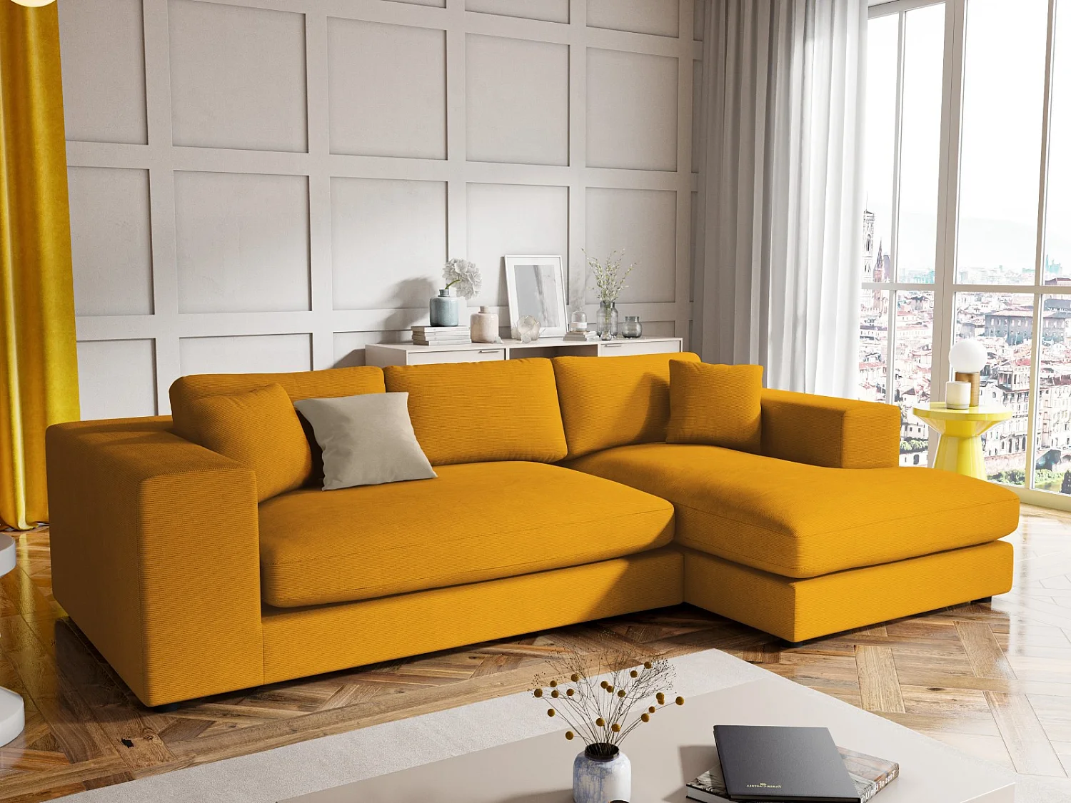 CXL by Christian Lacroix - Sofá de canto direito "Tendance" 5 lugares em veludo cotelê amarelo - 282x174x72cm