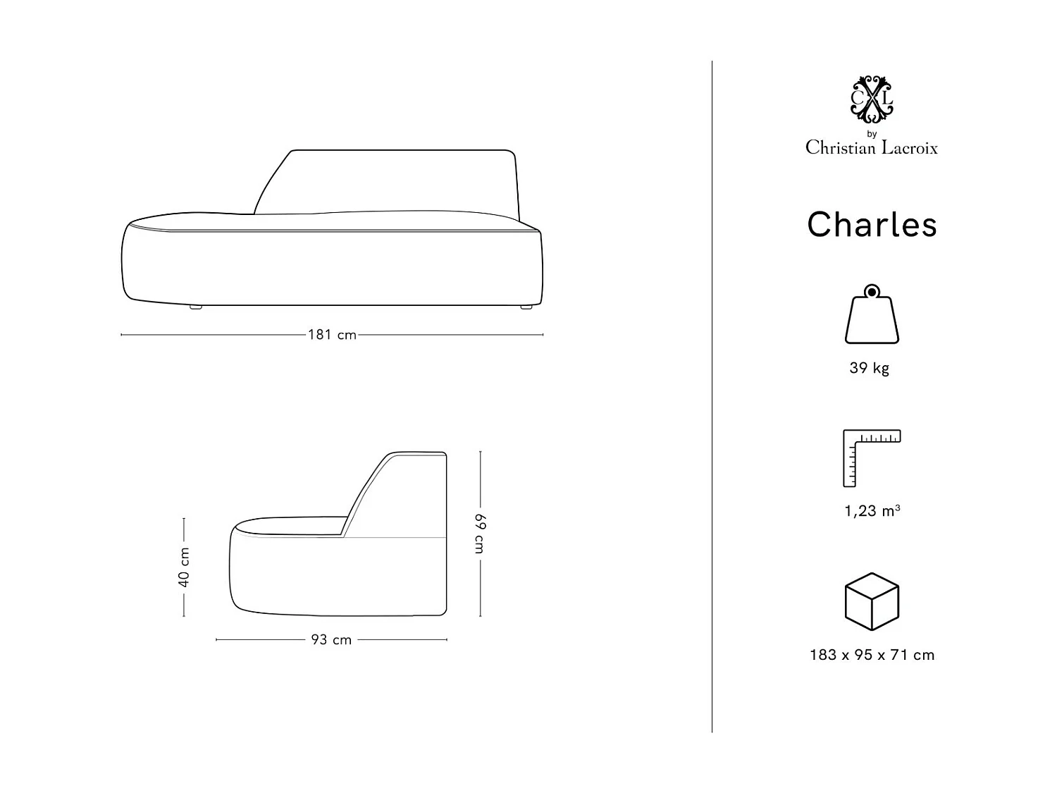 CXL by Christian Lacroix - Sofá modular virado para a esquerda "Charles" 2 lugares em veludo cinza claro - 181x93x69cm