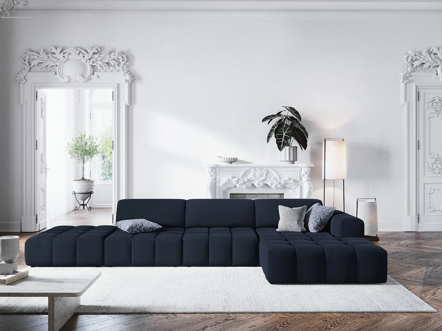 CXL by Christian Lacroix - Sofá de canto direito "Luc" 5 lugares em veludo azul escuro - 341x166x70cm