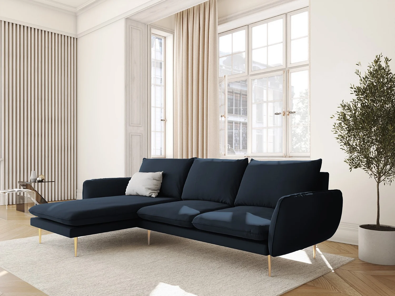 Cosmopolitan Design - Linker hoekbank "Vienna" 5 zitplaatsen, Flueel, Donkerblauw - 255x170x95cm