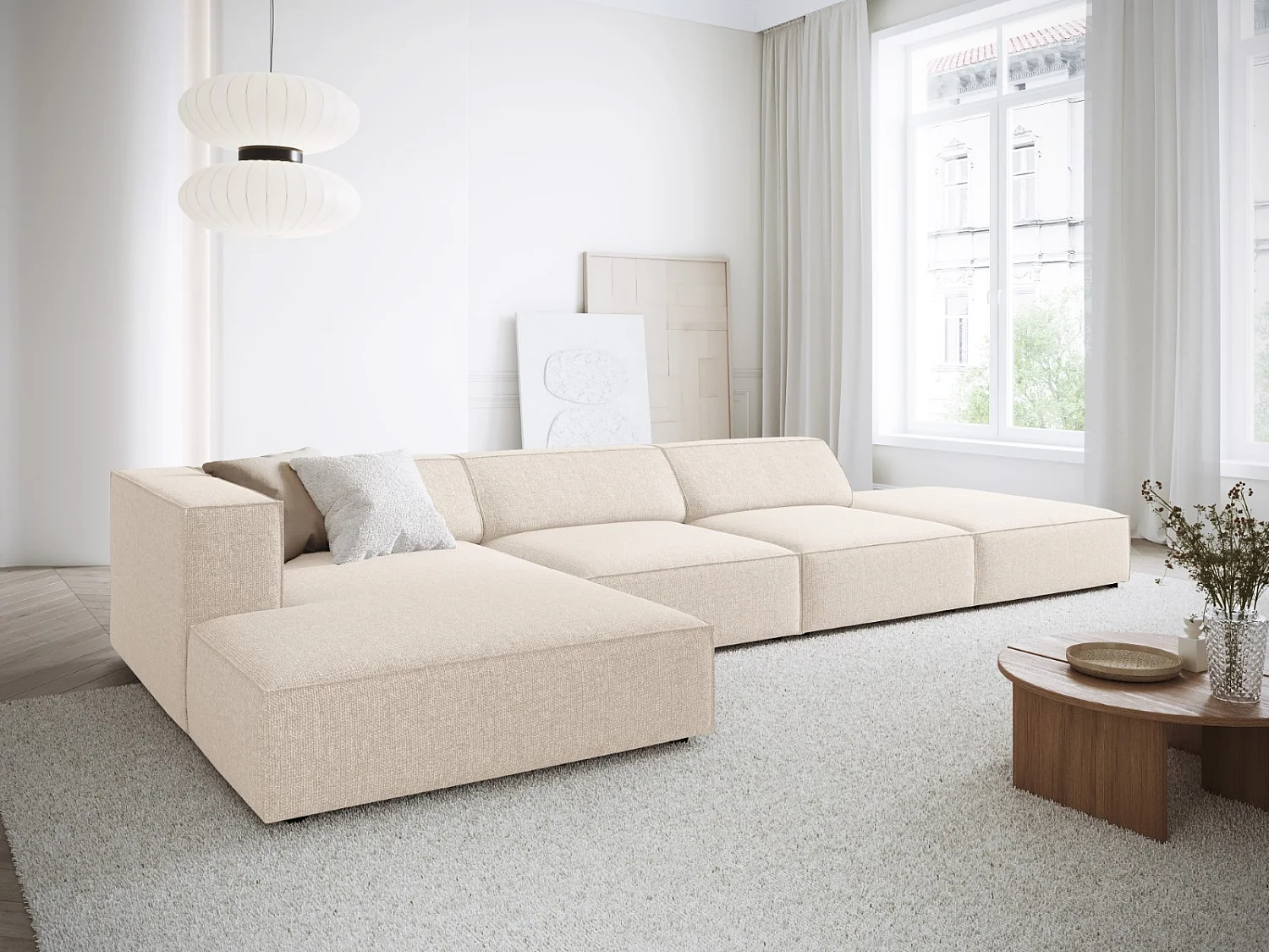 Cosmopolitan Design - 5-Sitzer Ecksofa links "Arendal" aus Chenille-Stoff leichtes beige - 341x166x70cm