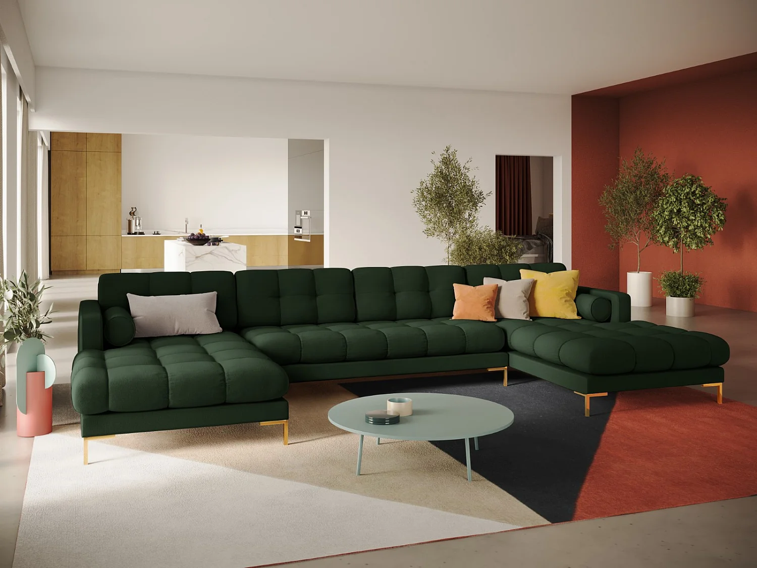 Cosmopolitan Design - Sofá panorâmico "Bali" 7 lugares em tecido estrutural verde escuro - 383x185x75cm