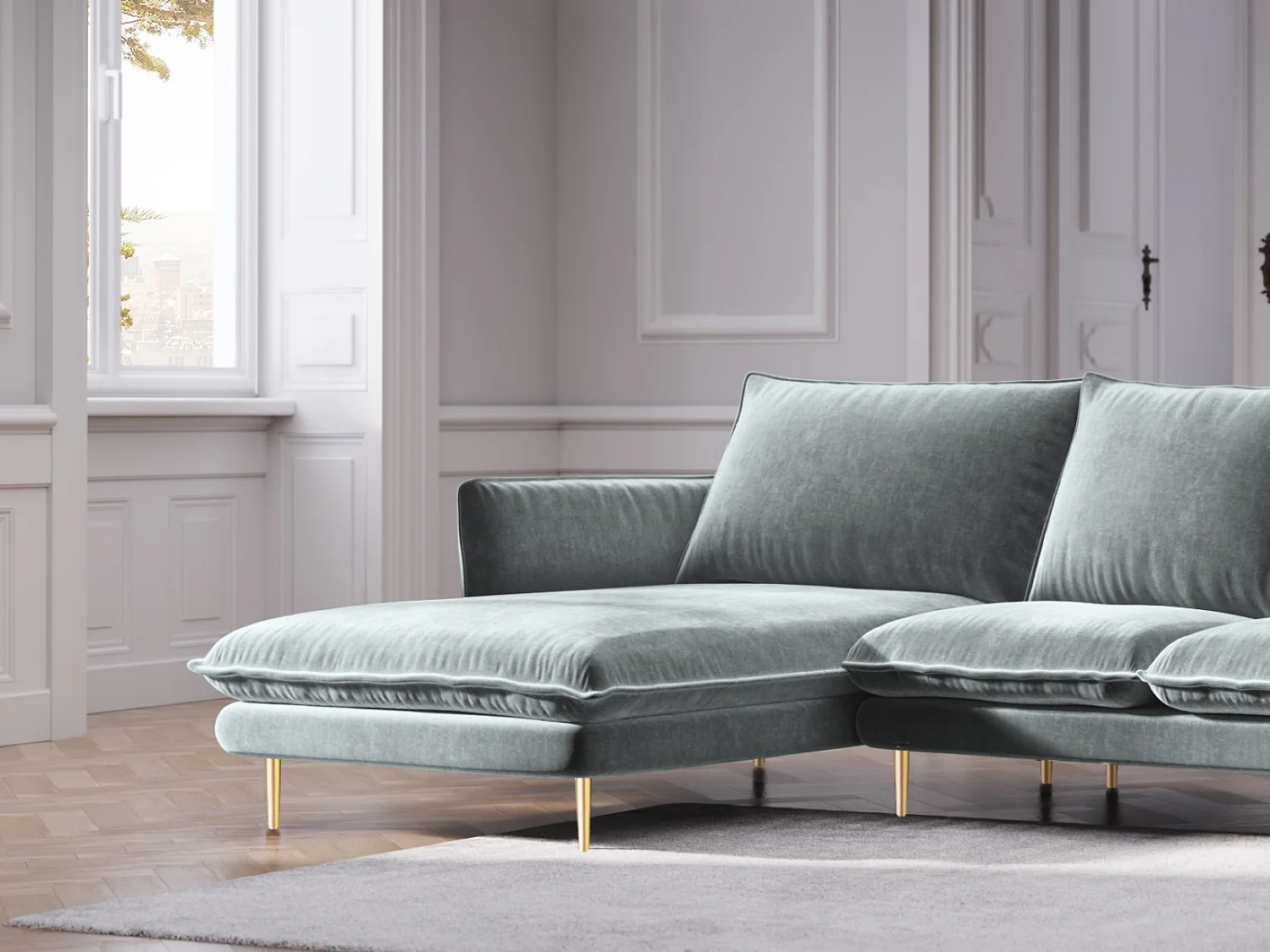 Cosmopolitan Design - Canapé d'angle gauche "Vienna" 5 places en velours gris clair - 255x170x95cm