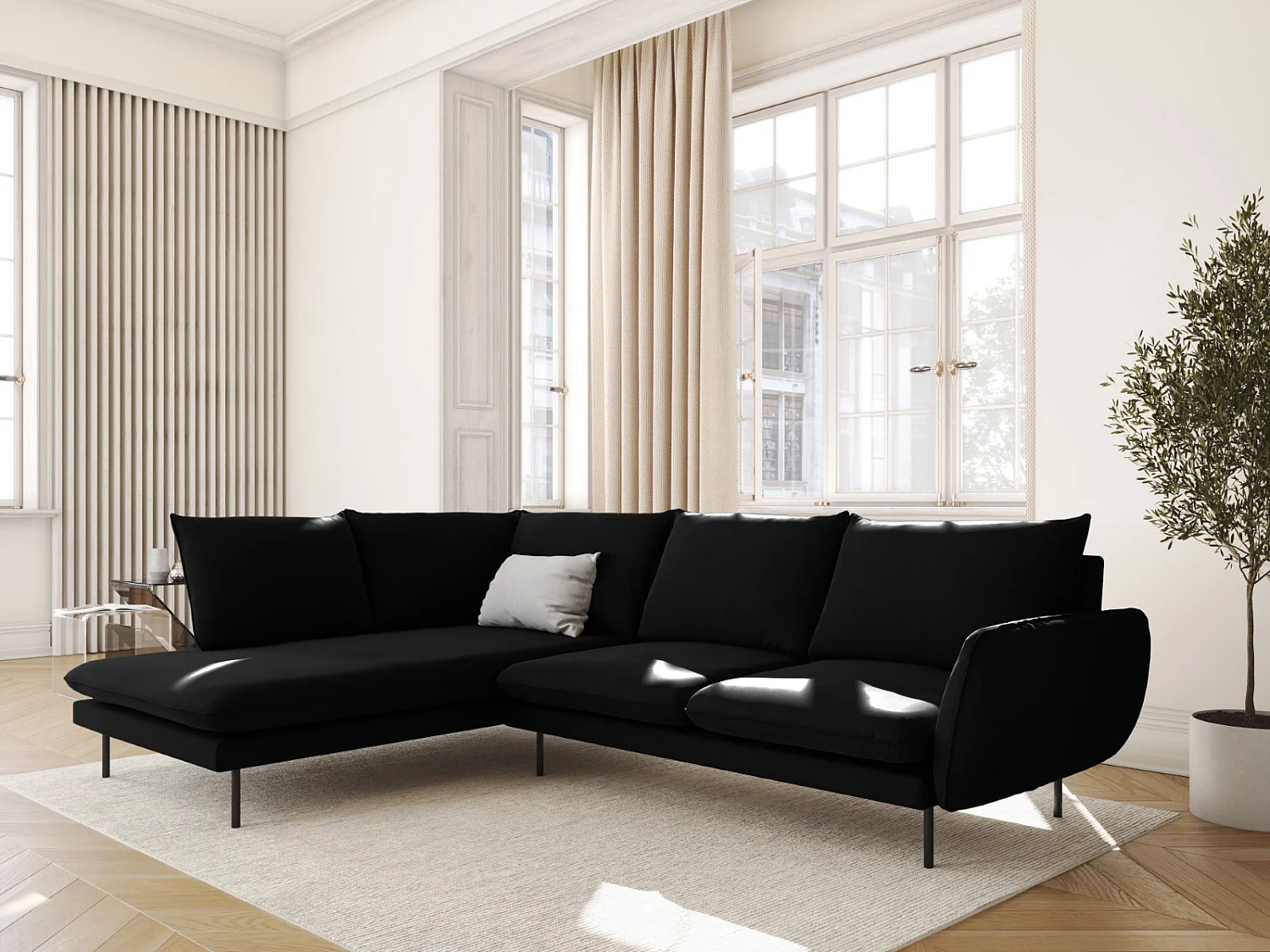 Cosmopolitan Design - Canapé d'angle gauche "Vienna" 6 places en velours noir - 275x185x95cm