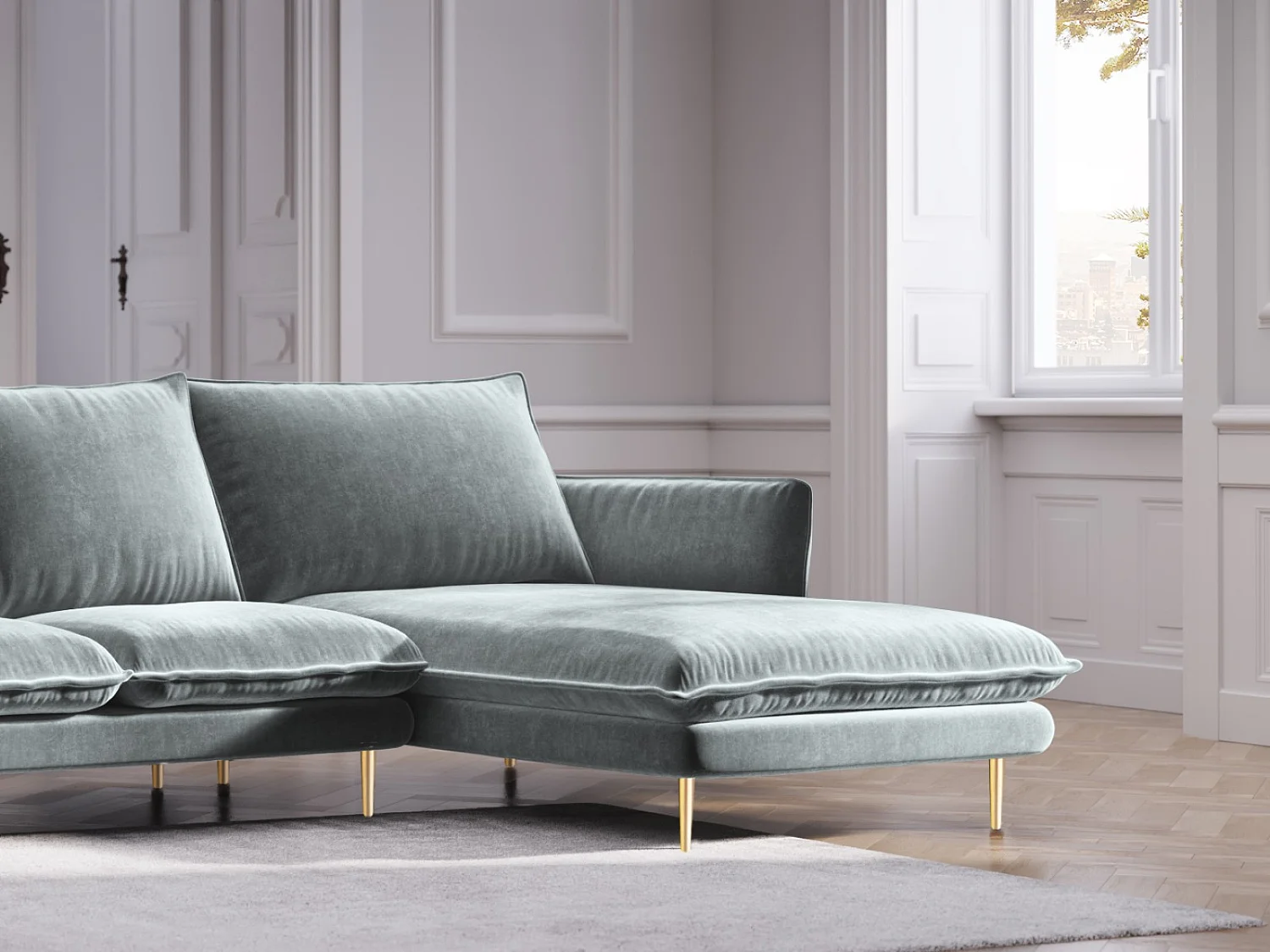 Cosmopolitan Design - Narożnik prawy, "Vienna" 5 miejsc welur, szary jasny - 255x170x95cm