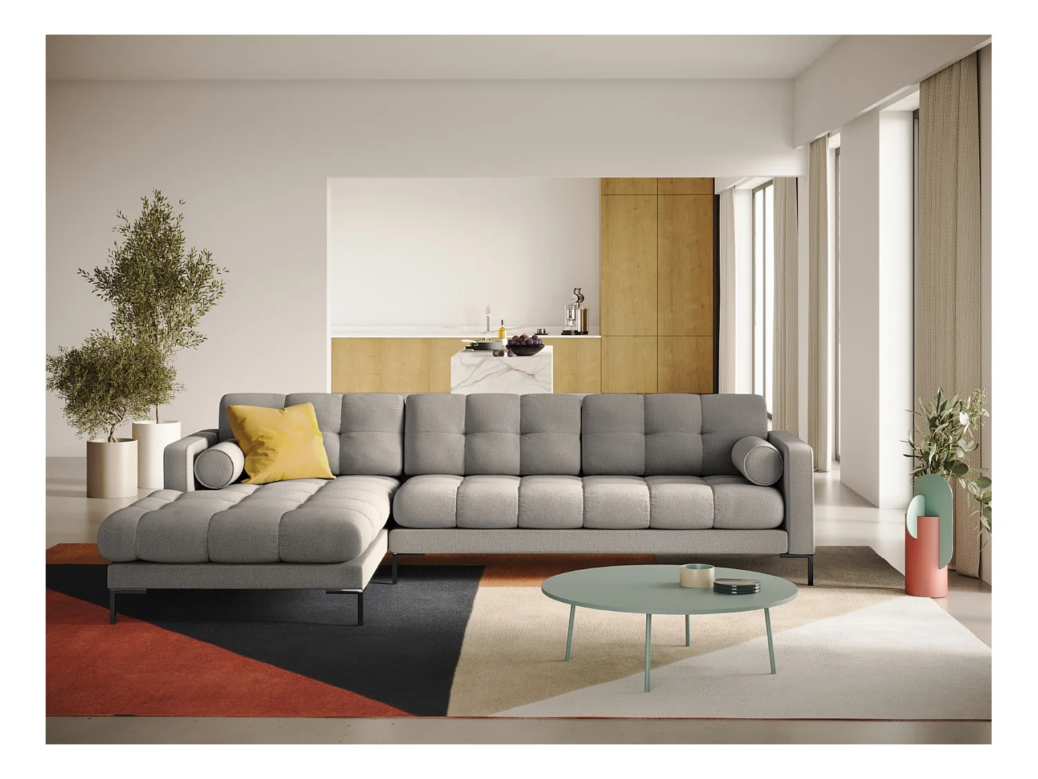 Cosmopolitan Design - Canapé d'angle gauche "Bali" 5 places en tissu structurel gris clair - 293x185x75cm