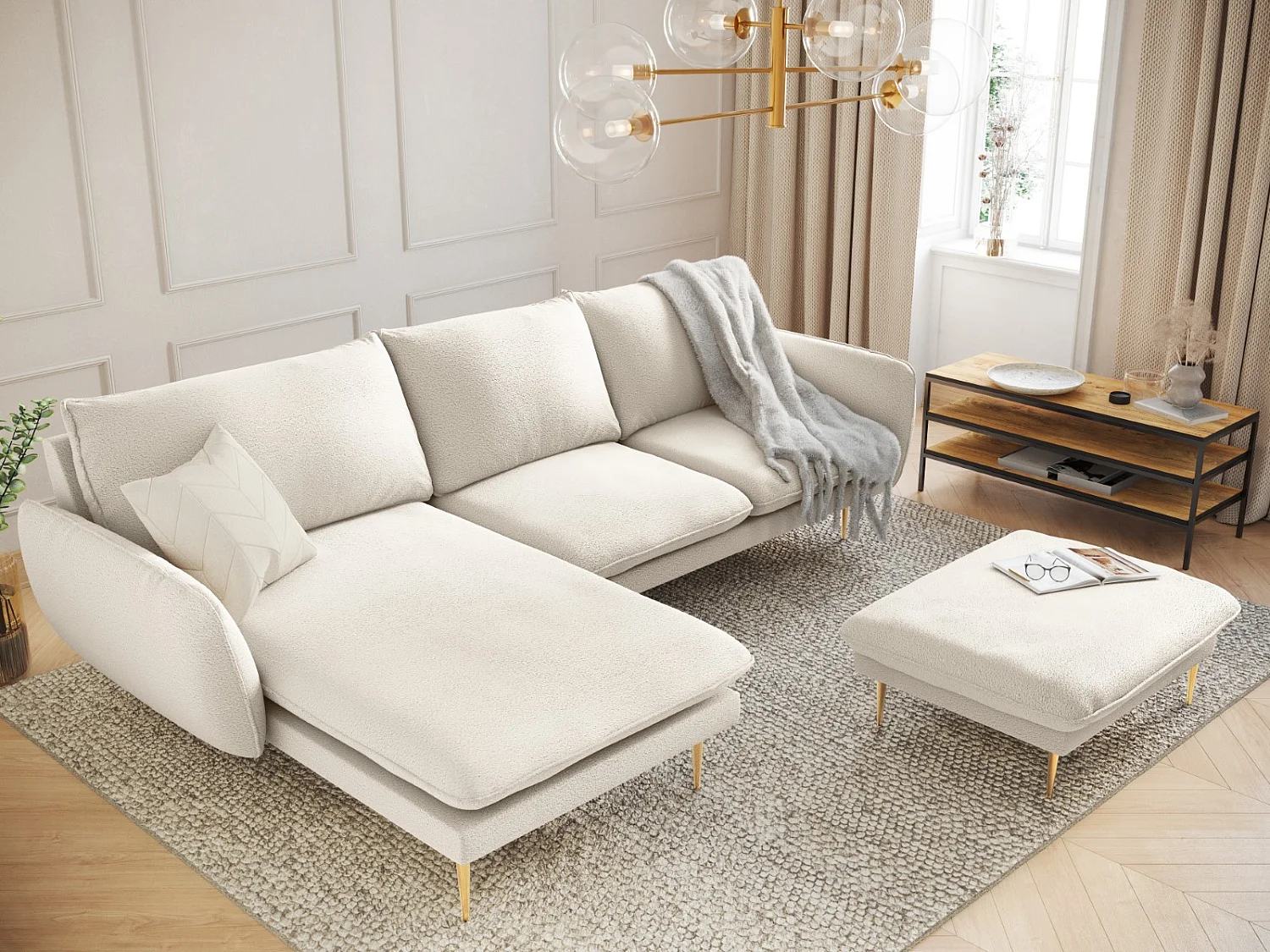 Cosmopolitan Design - Linker hoekbank "Vienna" 5 zitplaatsen, Boucle, Beige - 255x170x95cm