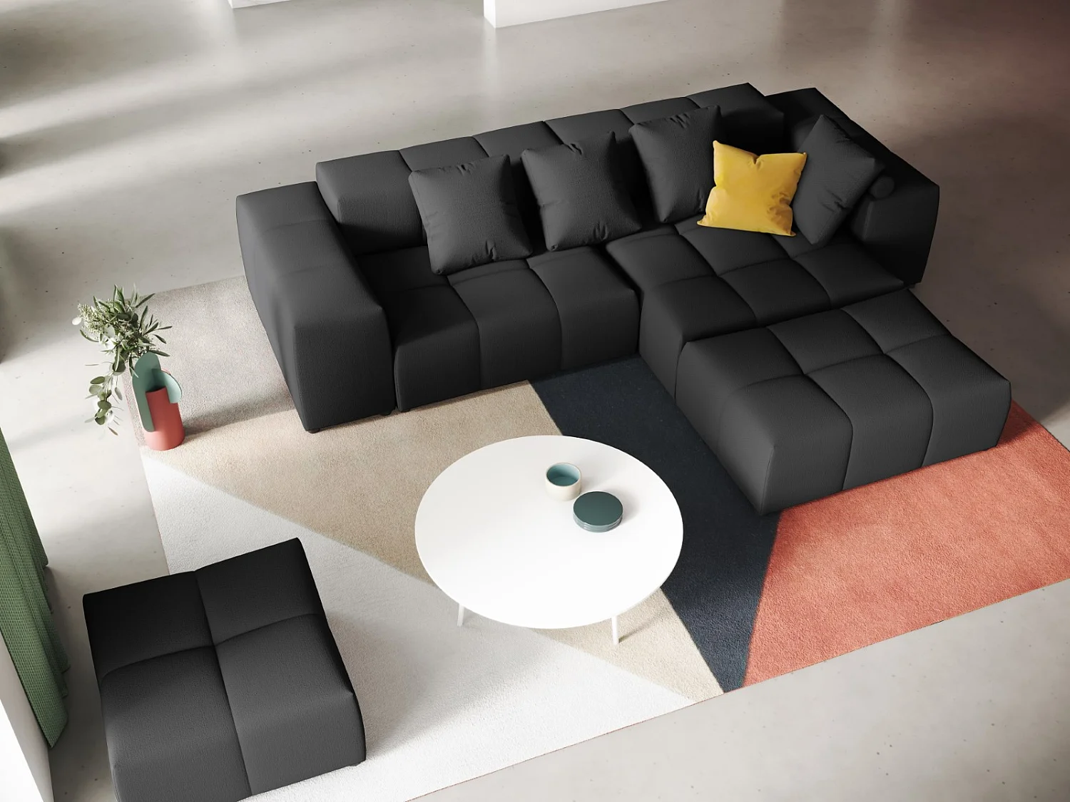 Cosmopolitan Design - Sofá de canto modular simétrico "Rome" 5 lugares em tecido estrutural preto - 320x240x75cm